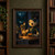 Brass-and-dark-teal automaton lighting a lantern at a wooden table beside oranges, with a moonlit forest and lake outside.; frame shown for styling only