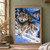 Gray wolf in a dark green scarf bounding through snow with an evergreen parcel, with forest, distant mountains, and glowing cabins behind it.; frame shown for styling only