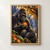 A seated gorilla looks down at a glowing orange blossom in a flowering forest grove, with a waterfall in the background.; frame shown for styling only