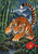 An orange-and-black tiger reaches toward a raindrop from a mossy rock among rainy bamboo and red camellias.