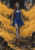 A pointed-eared woman in a blue dress and brown boots walks through a dark rocky landscape beneath glowing mushroom-like forms and an amber particle cloud.
