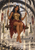 Horned woman in gold armor and a layered red skirt seated on a swing in an ornate palace courtyard.