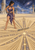 Purple-clad woman raking radiating starburst lines into sand beneath a starry sky and ornate architecture.
