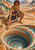 A kneeling figure in blue-and-gold clothing reaches toward a deep, spiraling opening in layered terrain, with distant mountains beyond.