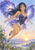 A fairy-like woman with broad translucent violet petal wings floats above morning-glory flowers and vines beneath a pastel sunset sky.