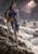 A gray-skinned, pointed-eared woman stands on a rocky cavern ledge holding a cylindrical object and facing a luminous expanse of clouds and jagged formations.