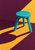 Turquoise three-legged stool with a coral seat accent against angular golden shapes and a deep plum background.