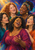 Five adult women sing together in colorful clothing, with one foreground singer raising a hand against a vivid blue-violet background.