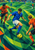 Geometric football scene with a blue-shirted player turning toward a yellow ball between two orange-shirted opponents.