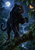 A black panther raises a forepaw toward a glowing amber moth on a wet branch in a moonlit rainforest with a waterfall behind.
