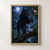 A black panther raises a forepaw toward a glowing amber moth on a wet branch in a moonlit rainforest with a waterfall behind.; frame shown for styling only