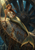 A red-haired mermaid with a gold-scaled tail reclines on a rusted circular mechanism underwater.