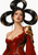 Fantasy woman in glossy red-and-gold attire with large looping black hair accented by gold, on a white background.