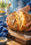 Two hands open a steaming seeded country loaf on a wooden board beside a blue tea towel in a sunlit kitchen.