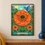 A blue-and-orange bird perches on a large orange flower among patterned foliage, smaller blooms, seedpods, and a sun.; frame shown for styling only