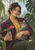 A seated woman in a plum jacket cradles a sleeping gray tabby and holds a jar with a red anthurium cutting amid greenhouse foliage.