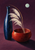 Tall dark-blue vase beside a vermilion bowl with pale reed plumes, curved gold line, and mint disc against a plum background.