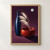 Tall dark-blue vase beside a vermilion bowl with pale reed plumes, curved gold line, and mint disc against a plum background.; frame shown for styling only