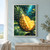 A split golden pineapple with its crown sweeping upward-left rests on rain-beaded tropical leaves beneath turquoise light.; frame shown for styling only