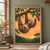A smiling brown sloth hangs beneath a leafy branch and reaches toward purple berries against an apricot sunset and distant forest.; frame shown for styling only