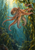 A mottled brown octopus with curling suction-cupped arms moves through sunlit green kelp in teal water.