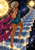 Silver-haired woman in teal and a magenta cape on glowing stairs among stars, galaxies, and radiant orbs.