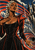 Pale-braided woman in a black outfit with red shoulders extends one hand before a stylized city and swirling graphic arcs.