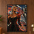 Pale-braided woman in a black outfit with red shoulders extends one hand before a stylized city and swirling graphic arcs.; frame shown for styling only