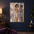 Winged woman beside a tall segmented mirror showing her reflection, with a luminous pale hall and purple flowers.; frame shown for styling only