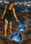 Barefoot red-haired witch reaches toward a trail of blue flame-like lights in a rugged mountain landscape.