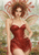 A red-haired fairy in a crimson dress stands in a wetland with translucent wings and a droplet-tipped plantlike crown.