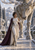 Woman in white and a plum cape beside a large pale stag with branching antlers in a snowy castle courtyard.
