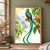 A green and turquoise long-tailed bird with a scarlet breast and yellow bill perches on a mossy branch among tropical foliage, with a waterfall in the distance.; frame shown for styling only