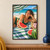 A reclining adult woman offers a watermelon slice toward the viewer beside a striped parasol, picnic basket, cherries, and bright turquoise surf.; frame shown for styling only