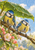 Two blue-and-yellow birds perch beneath a large rain-covered green leaf as droplets fall beside pink blossoms.