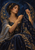 An adult woman in a dark blue and gold gown holds gold thread above a star-patterned mantle, framed by gold crescent ornament.