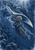 A silver-haired woman floats beneath a huge spotted whale-like creature above a textured underwater reef.