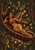 A winged woman reclines in a woven pod-like cradle among foliage and glowing firefly-like lights.