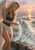 Winged blonde woman leans toward a pale seal in misty sunset water, with reeds and reflections along the shore.