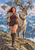 Red-haired fantasy ranger holding a lead beside a pale antlered animal on a mountain trail.