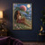 Fantasy woman with flower-adorned dark curls sits among clover-like blossoms beneath a full moon, beside an oversized pink flower and river.; frame shown for styling only