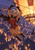 Anime-style woman in a red outfit and dark cape grips a diagonal cable above a lantern-lit city at dusk, with a glowing structure in the sky.