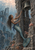 Mermaid holding a rope beside a large bell on a weathered underwater tower, with small fish, coral-like growth and distant submerged arches.