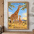 Adult giraffe reaching toward yellow acacia blossoms while a calf looks up beside its forelegs in a sunlit savanna.; frame shown for styling only