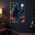 Black cat on a stone wall reaching a raised paw toward a glowing firefly in a moonlit garden with orange flowers and a distant skyline.; frame shown for styling only