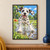 Spotted Dalmatian puppy bounds through a park puddle toward the viewer, with water splashing around its paws and a red-orange ball in the grass.; frame shown for styling only