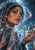 Adult woman in a transparent-looking rain hood turns toward the viewer and raises her hand beneath a turquoise droplet, with blurred city lights behind her.