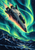 A gray-blue spacecraft dives through turquoise and lime aurora above jagged indigo mountains, with a coral glow behind it.
