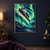 A gray-blue spacecraft dives through turquoise and lime aurora above jagged indigo mountains, with a coral glow behind it.; frame shown for styling only