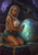 Pointed-eared woman kneels beside a glowing blue-green egg while a dragon's head and amber eye loom behind her in a cavern.